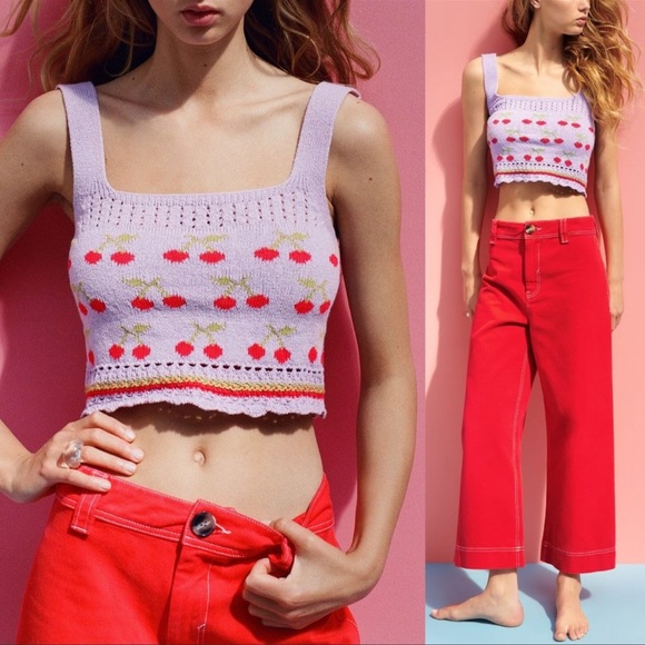Zara Lilac Lavender Retro Cherry Crochet Square Neck Jacquard Knit Cropped Top S - Picture 1 of 5